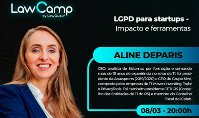 Aline Deparis far palestra no LawCamp no dia 8 de maro